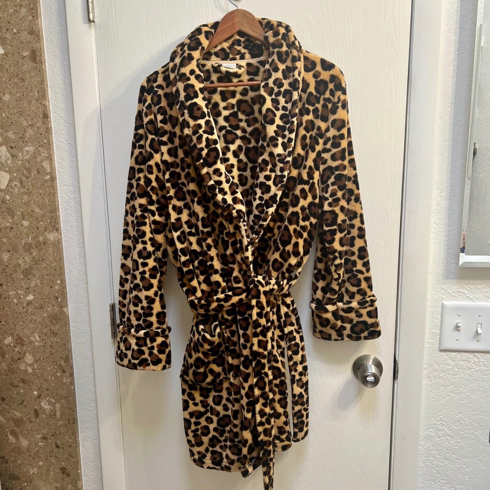 Croft & Barrow Intimates Leopard Print Plush Fleece Robe XL Brown Shawl Collar